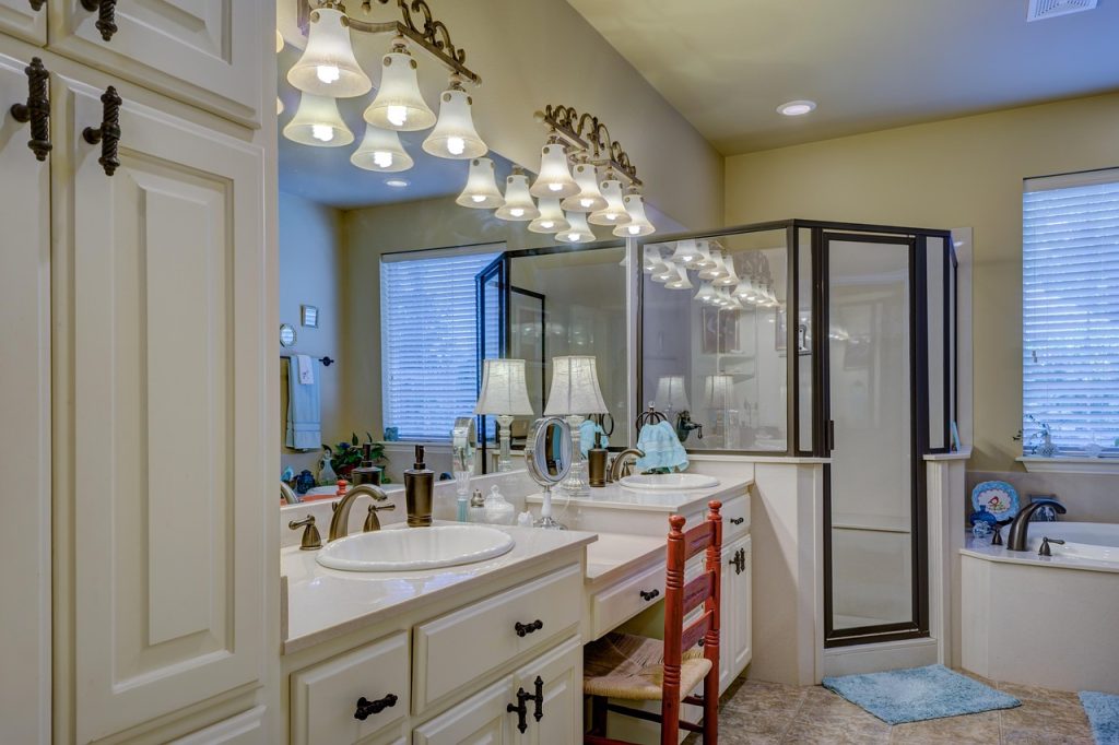 frameless glass shower doors bathroom with cabinet